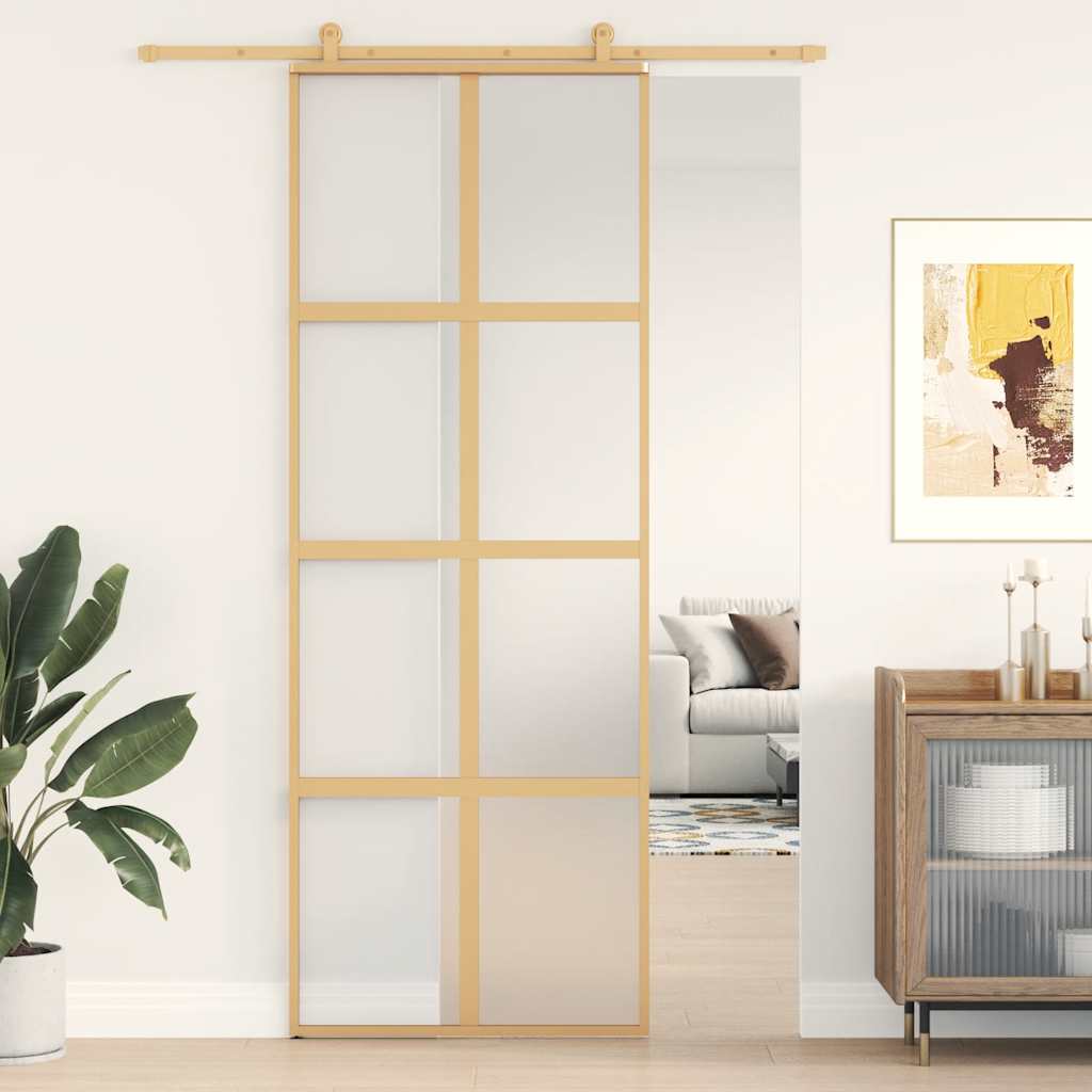 vidaXL Drzwi przesuwne, złote, 76x205 cm, mrożone szkło ESG, aluminium