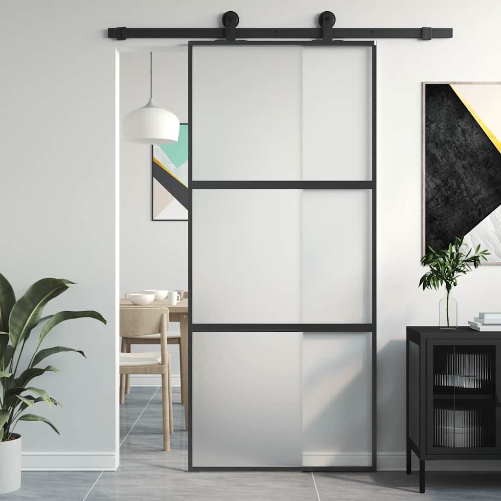 vidaXL Drzwi przesuwne, czarne, 90x205 cm, szkło hartowane, aluminium