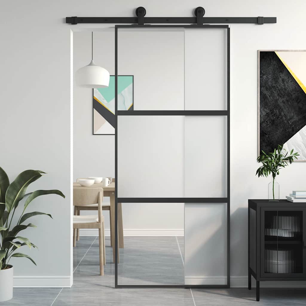 vidaXL Drzwi przesuwne, czarne, 90x205 cm, szkło hartowane, aluminium