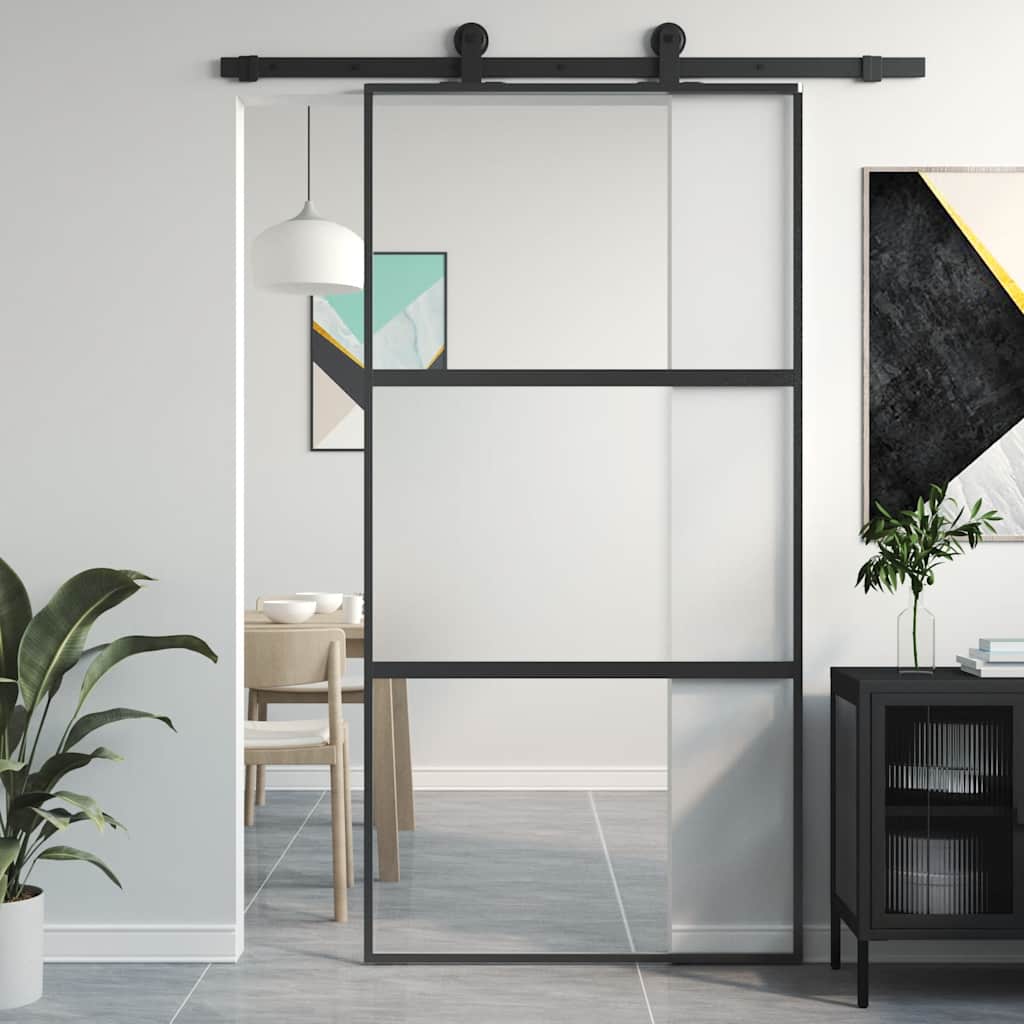 vidaXL Drzwi przesuwne, czarne, 102,5x205cm, szkło hartowane aluminium