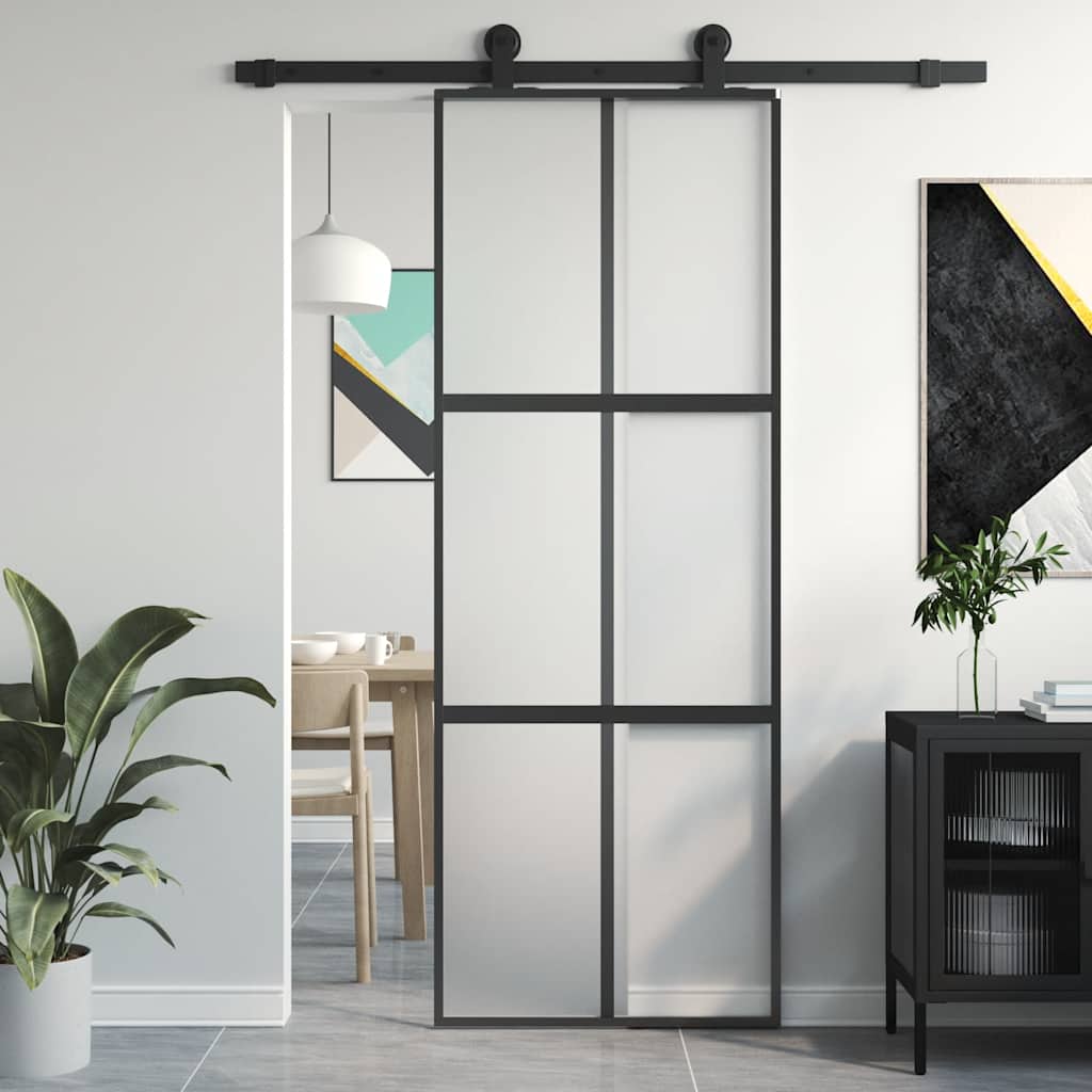 vidaXL Drzwi przesuwne, czarne, 76x205 cm, szkło hartowane, aluminium