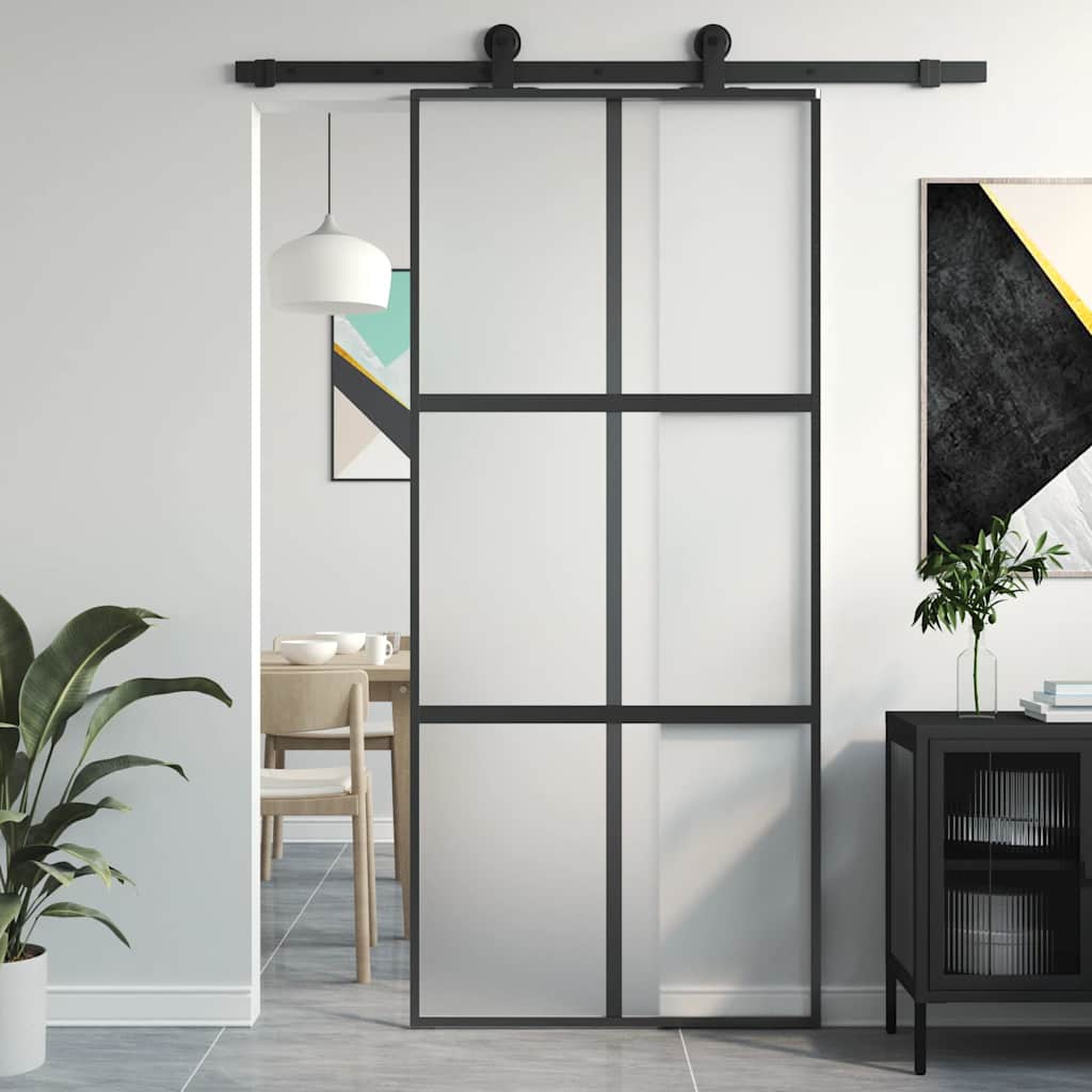 vidaXL Drzwi przesuwne, czarne, 90x205 cm, szkło hartowane, aluminium