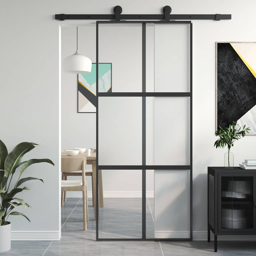 vidaXL Drzwi przesuwne, czarne, 90x205 cm, szkło hartowane, aluminium