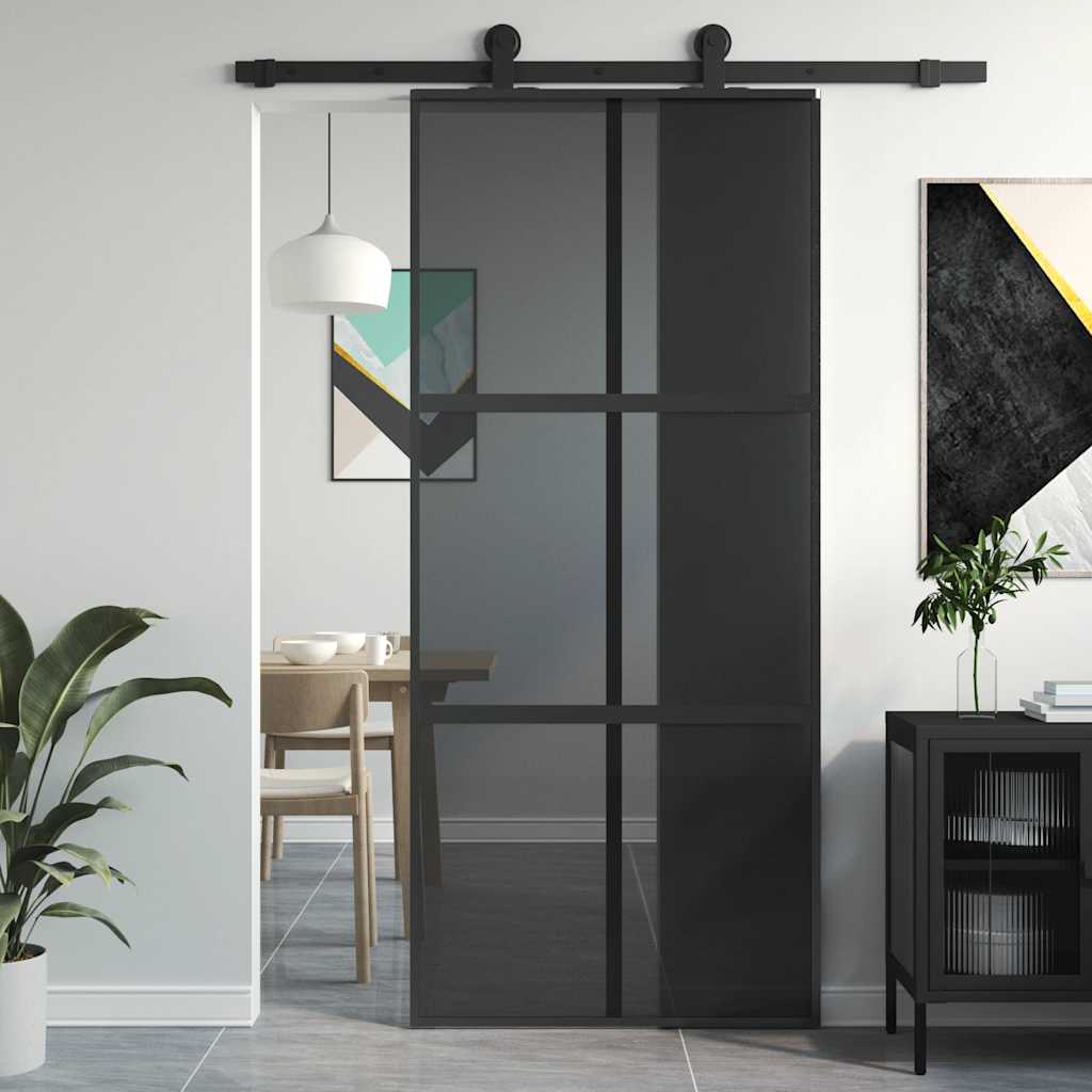 vidaXL Drzwi przesuwne, czarne, 90x205 cm, szkło hartowane, aluminium