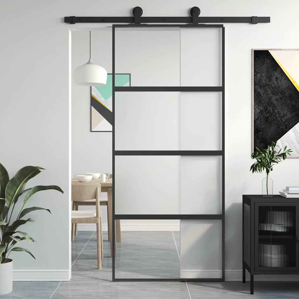 vidaXL Drzwi przesuwne, czarne, 90x205 cm, szkło hartowane, aluminium