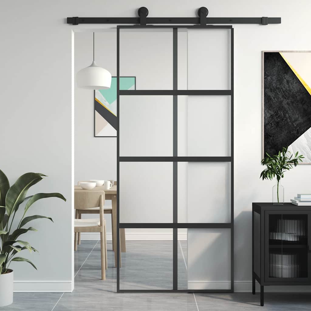 vidaXL Drzwi przesuwne, czarne, 90x205 cm, szkło hartowane, aluminium