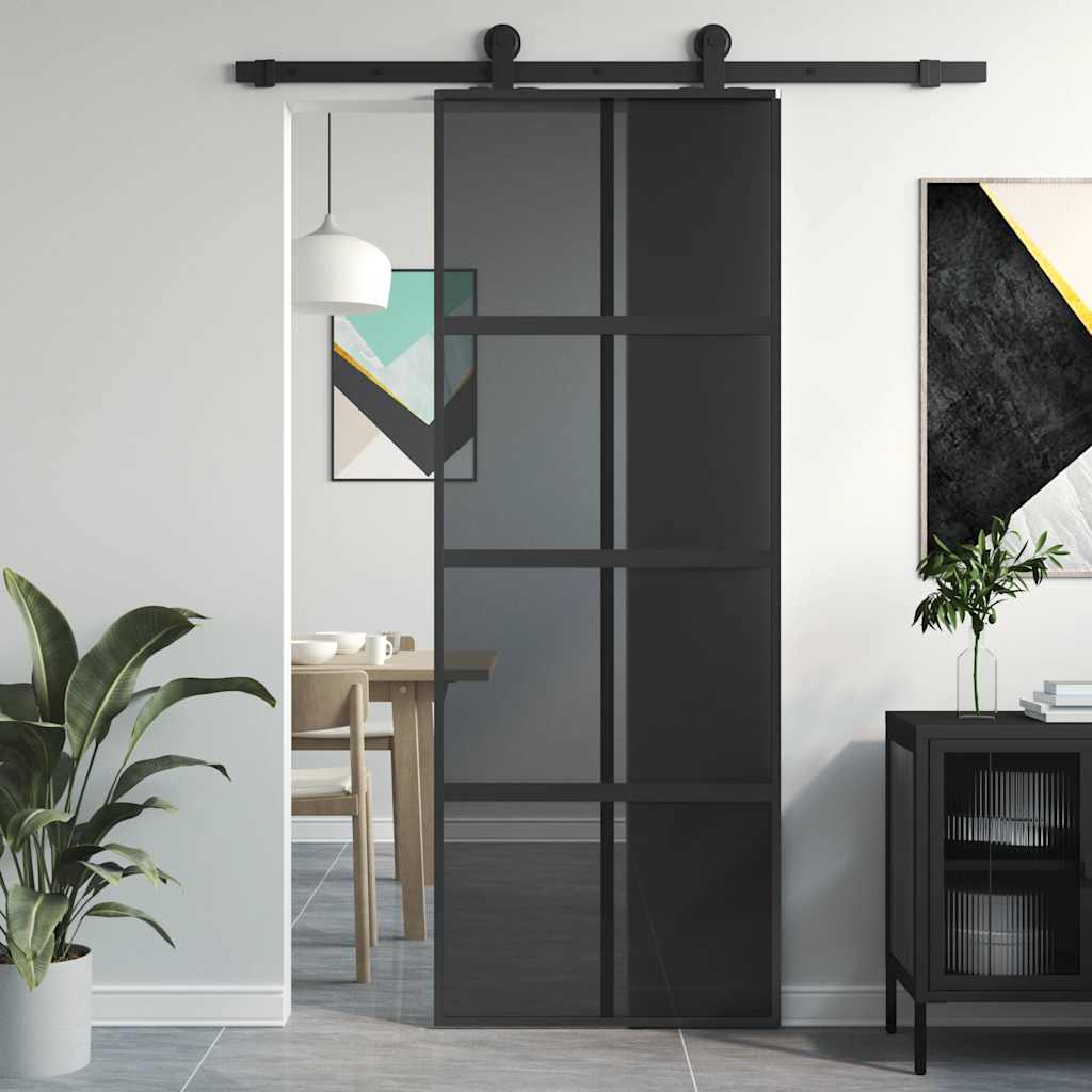 vidaXL Drzwi przesuwne, czarne, 76x205 cm, szkło hartowane, aluminium