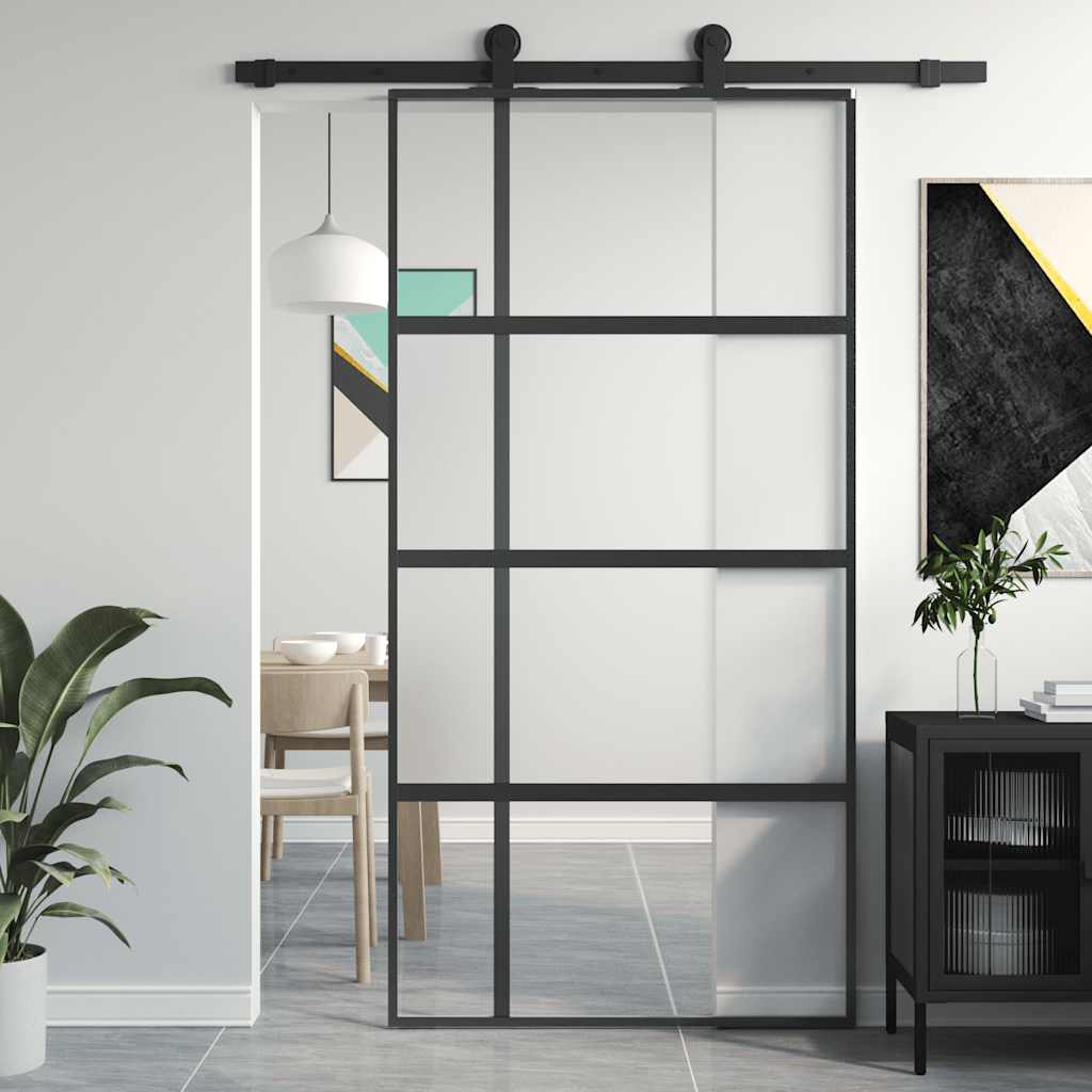 vidaXL Drzwi przesuwne, czarne, 102,5x205cm, szkło hartowane aluminium