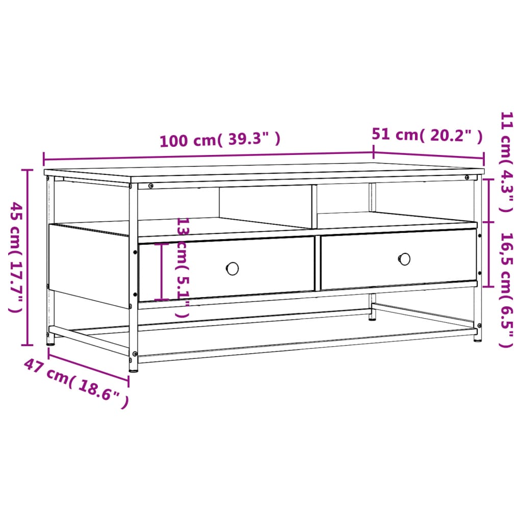 vidaXL Stolik kawowy, szary dąb sonoma, 100x51x45 cm