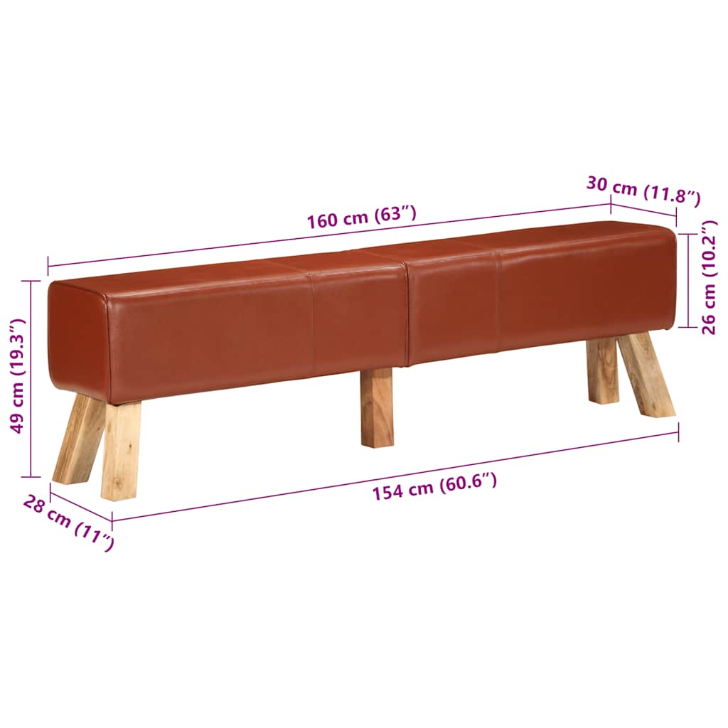 vidaXL Ławeczka gimnastyczna, brązowa, 160 cm, skóra naturalna