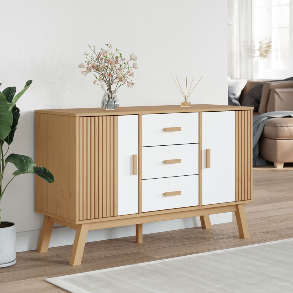 vidaXL Komoda OLDEN, biało-brązowa, 114x43x73,5cm, lite drewno sosnowe