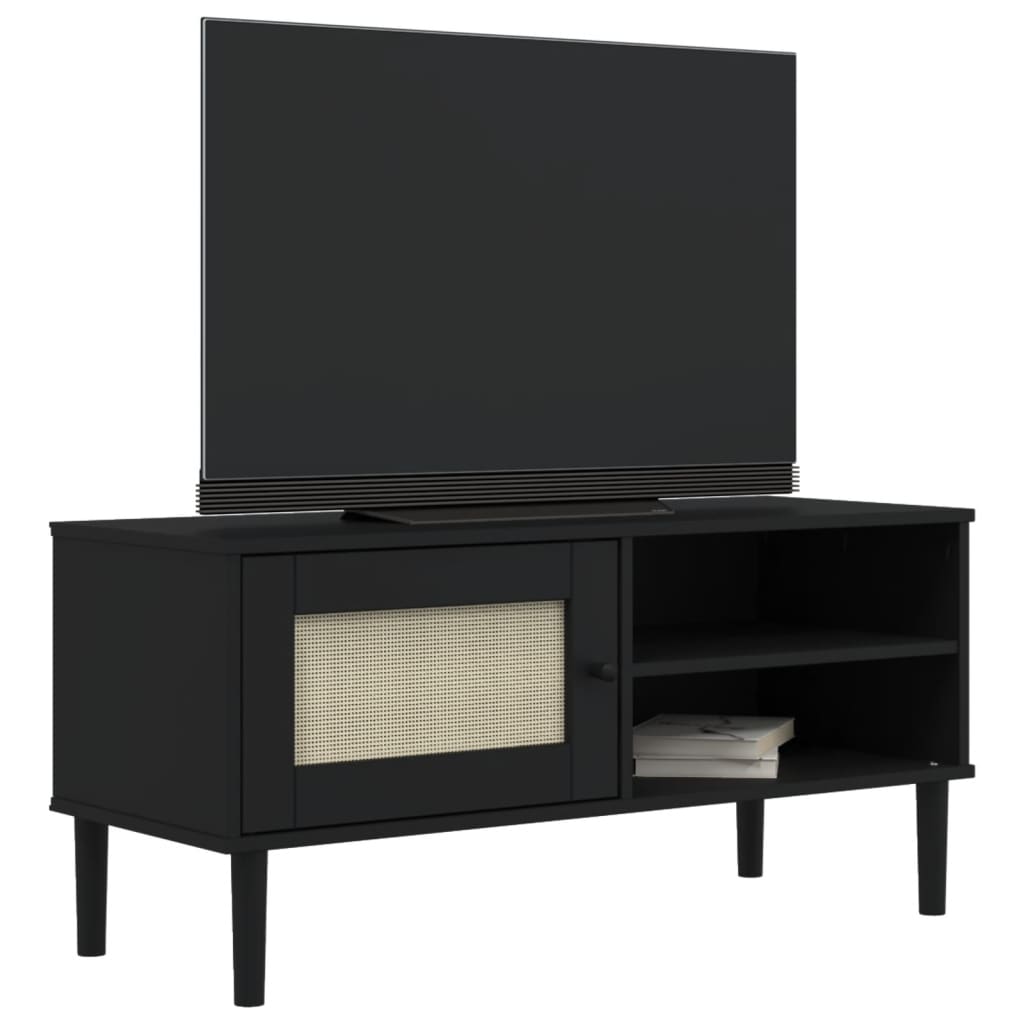 vidaXL Szafka TV SENJA, z plecionką, czarna, 106x40x49 cm, sosnowa