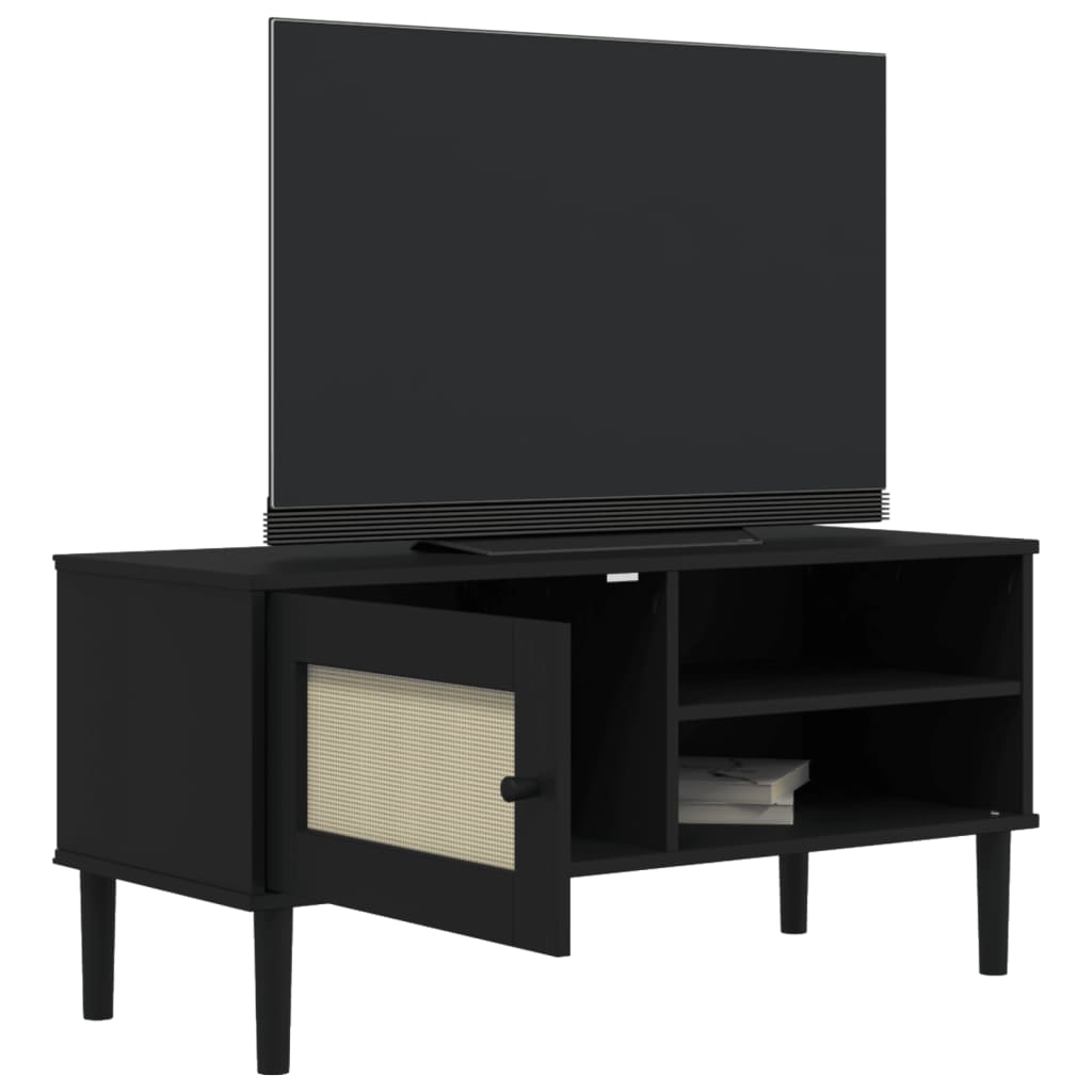 vidaXL Szafka TV SENJA, z plecionką, czarna, 106x40x49 cm, sosnowa