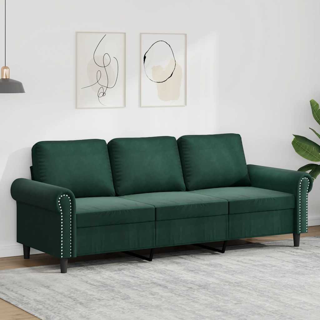 vidaXL Sofa 3-osobowa, ciemnozielony, 180 cm, obita aksamitem