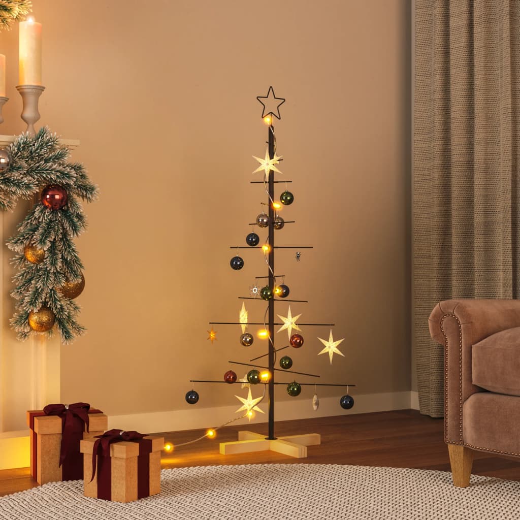vidaXL Metalowa choinka z drewnianą podstawą, czarna, 120 cm