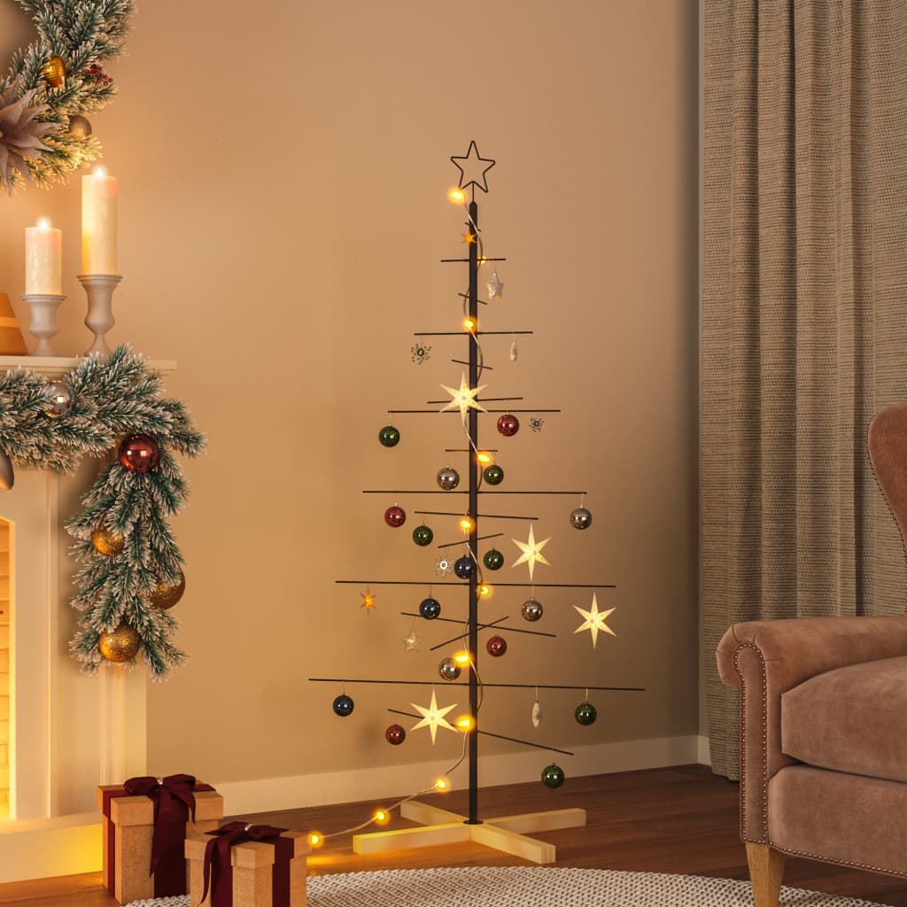 vidaXL Metalowa choinka z drewnianą podstawą, czarna, 150 cm