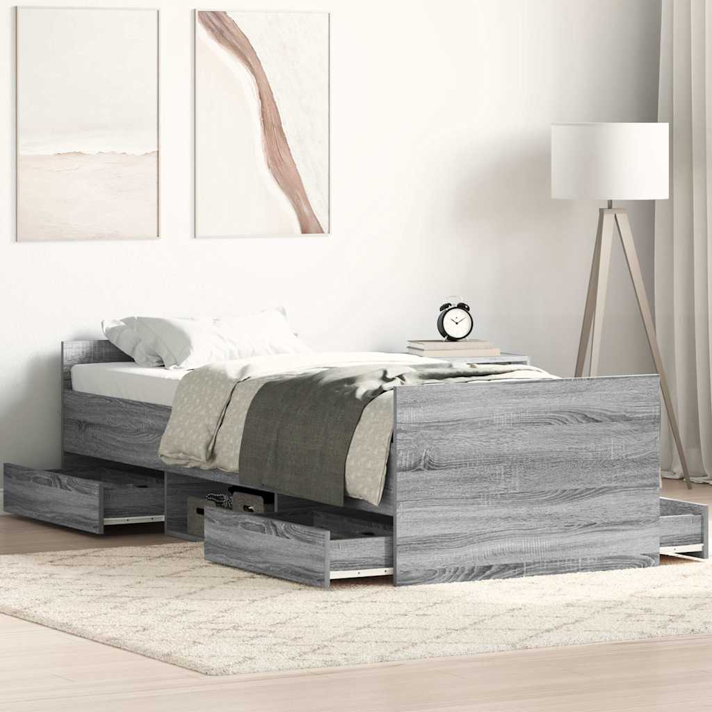 vidaXL Rama łóżka z wezgłowiem i zanóżkiem, szary dąb, 75x190 cm