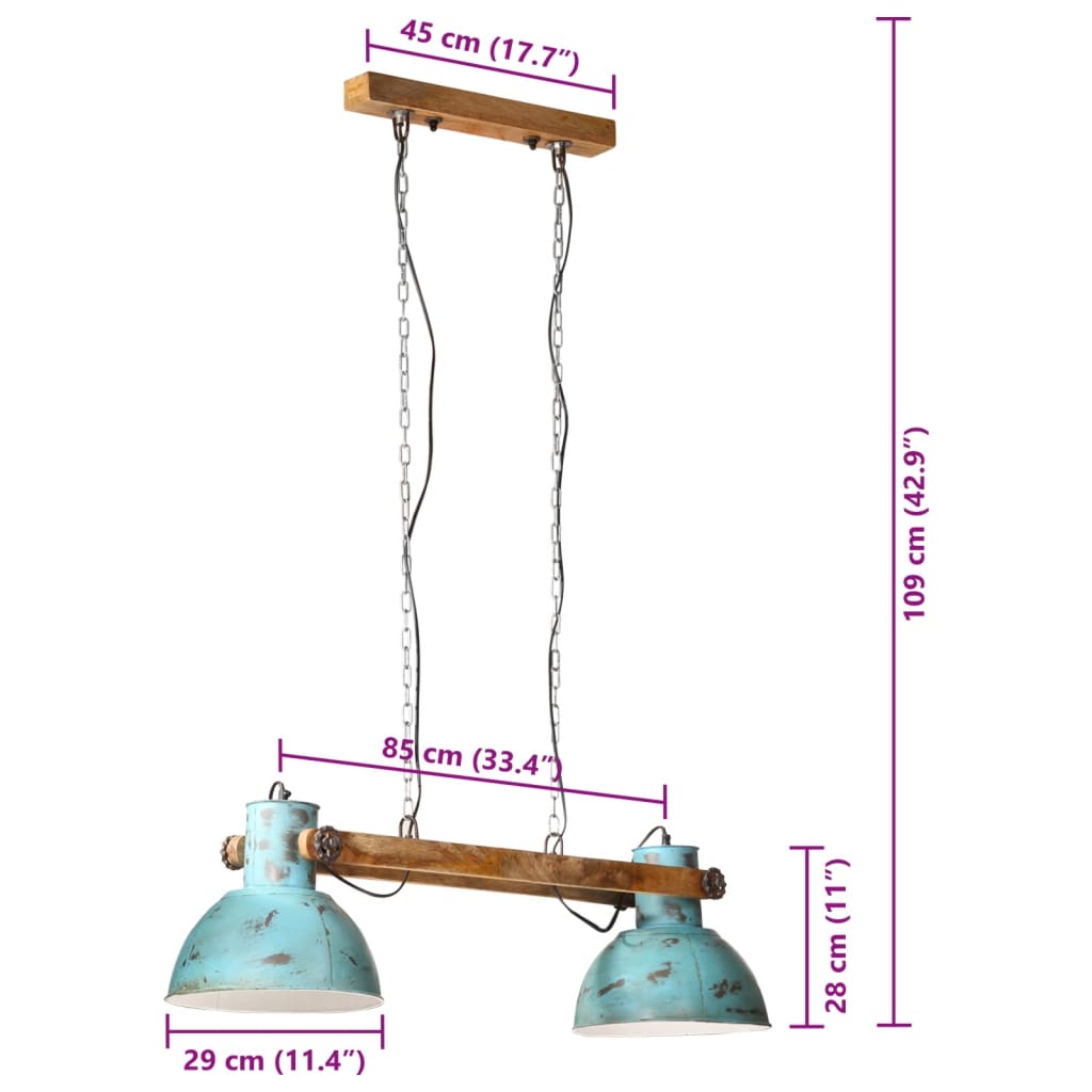 vidaXL Lampa wisząca, 25 W, postarzany niebieski, 85x28x109 cm, E27