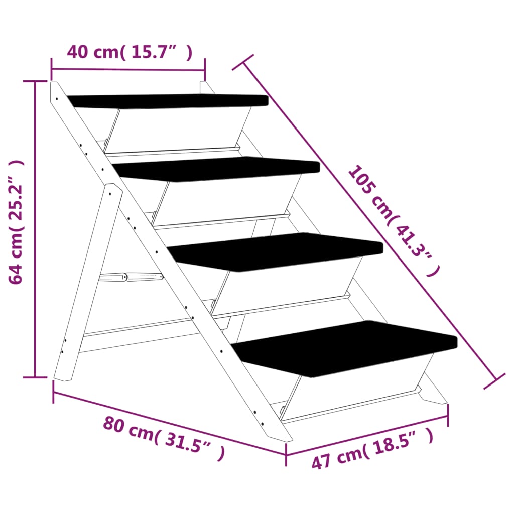 vidaXL Schody dla psa, szare, 105x47 cm, lite drewno jodłowe