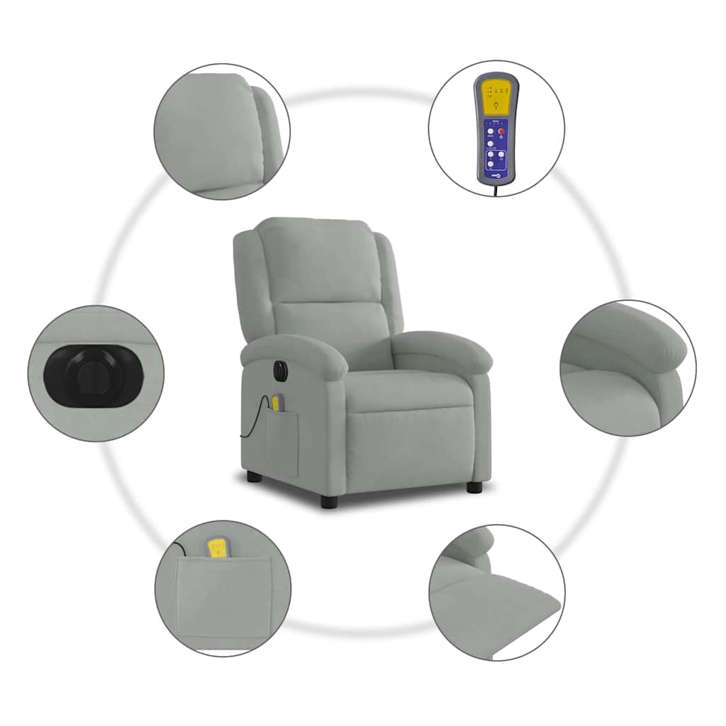 vidaXL Rozkładany fotel masujący, elektryczny, jasnoszary, aksamitny