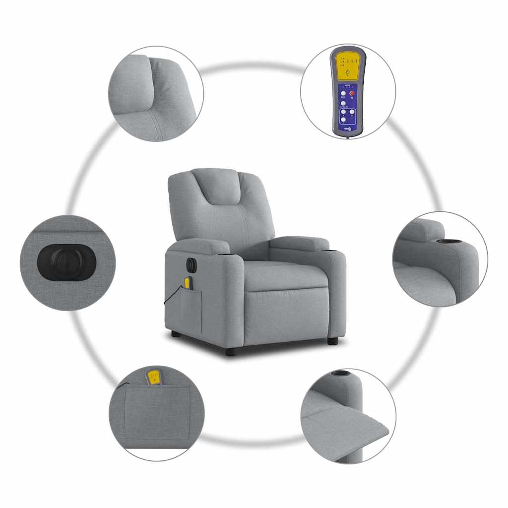 vidaXL Rozkładany fotel masujący, elektryczny, jasnoszary, tkanina