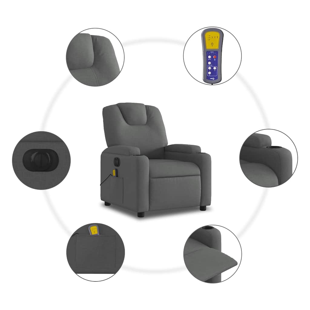 vidaXL Rozkładany fotel masujący, elektryczny, ciemnoszary, tkanina