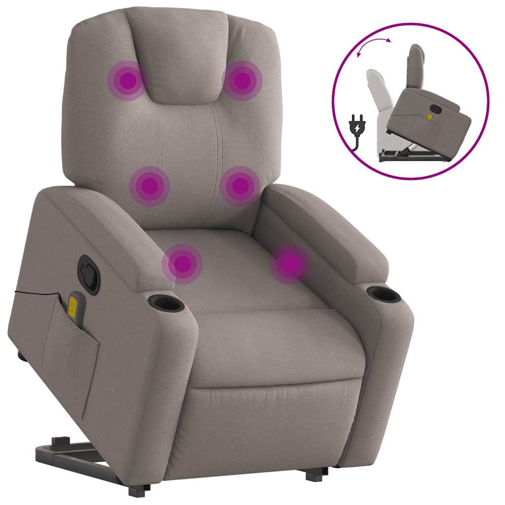 vidaXL Podnoszony fotel masujący, rozkładany, kolor taupe, tkanina