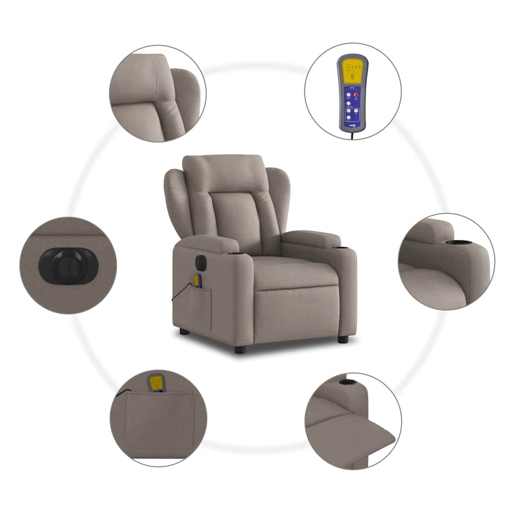 vidaXL Rozkładany fotel masujący, elektryczny, kolor taupe, tkanina