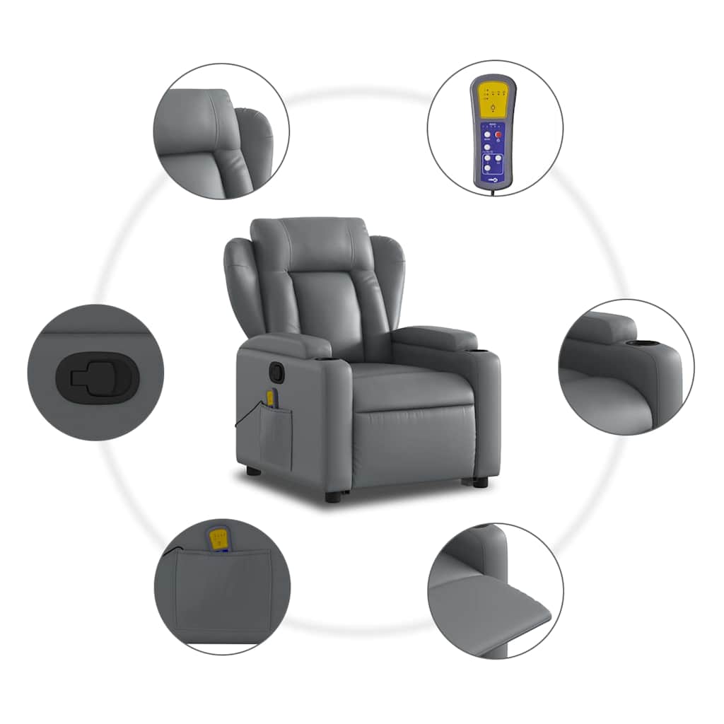vidaXL Podnoszony fotel masujący, rozkładany, szary, ekoskóra