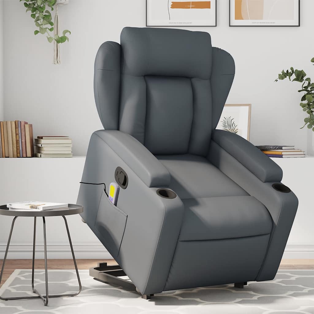 vidaXL Podnoszony fotel masujący, rozkładany, szary, ekoskóra