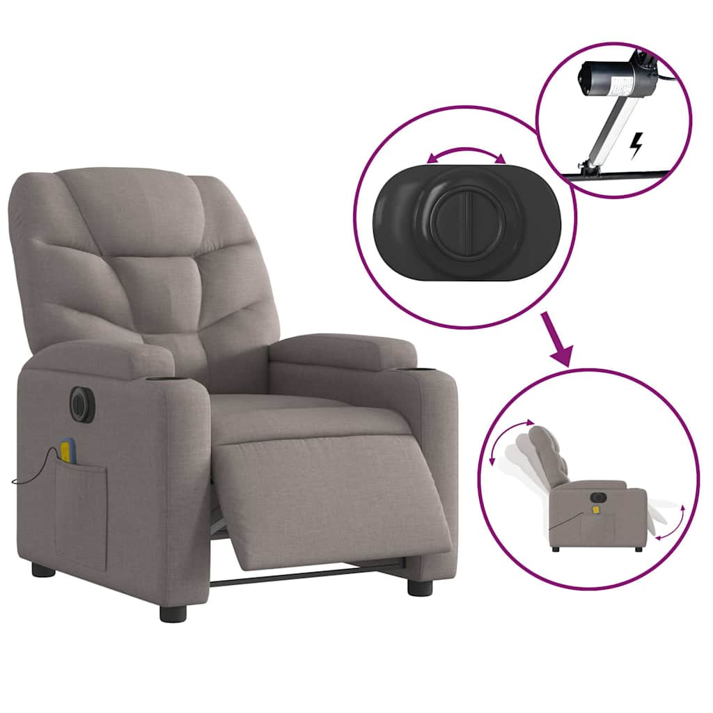 vidaXL Rozkładany fotel masujący, elektryczny, kolor taupe, tkanina