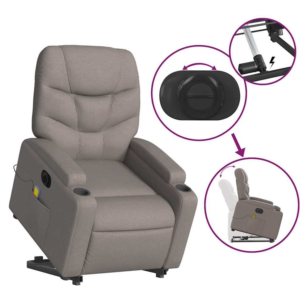vidaXL Podnoszony fotel masujący, elektryczny, rozkładany, kolor taupe