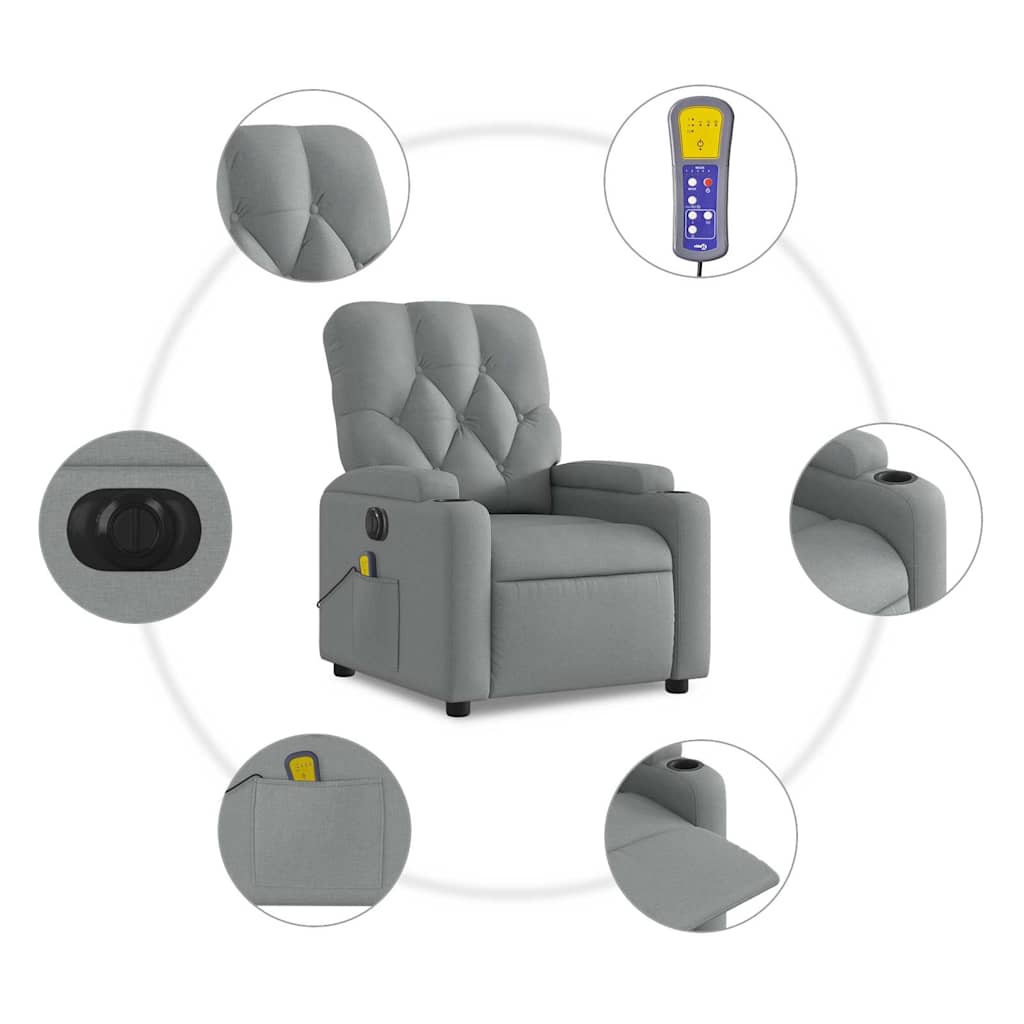 vidaXL Rozkładany fotel masujący, elektryczny, jasnoszary, tkanina