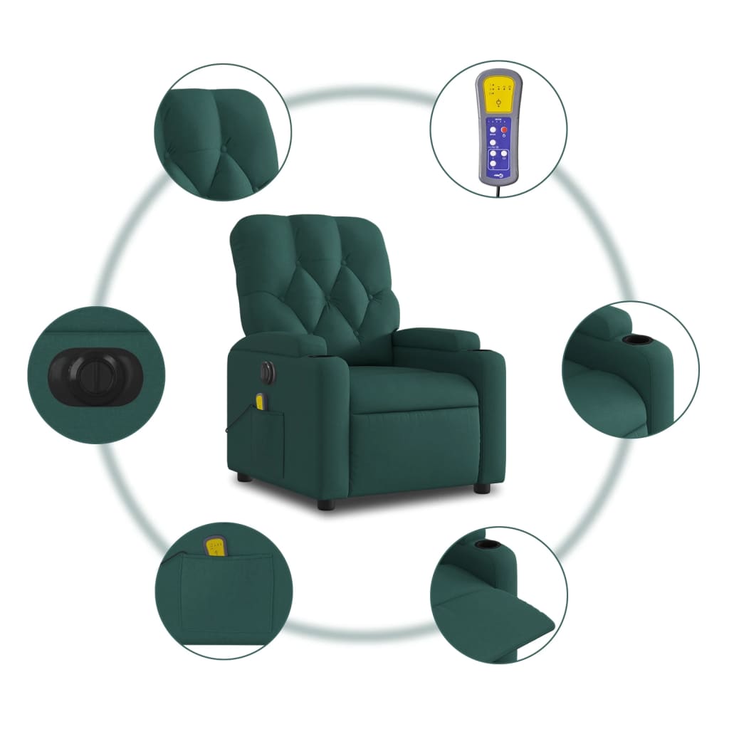 vidaXL Rozkładany fotel masujący, elektryczny, ciemnozielony, tkanina