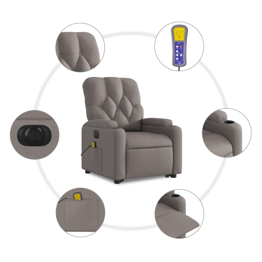 vidaXL Podnoszony fotel masujący, elektryczny, rozkładany, kolor taupe
