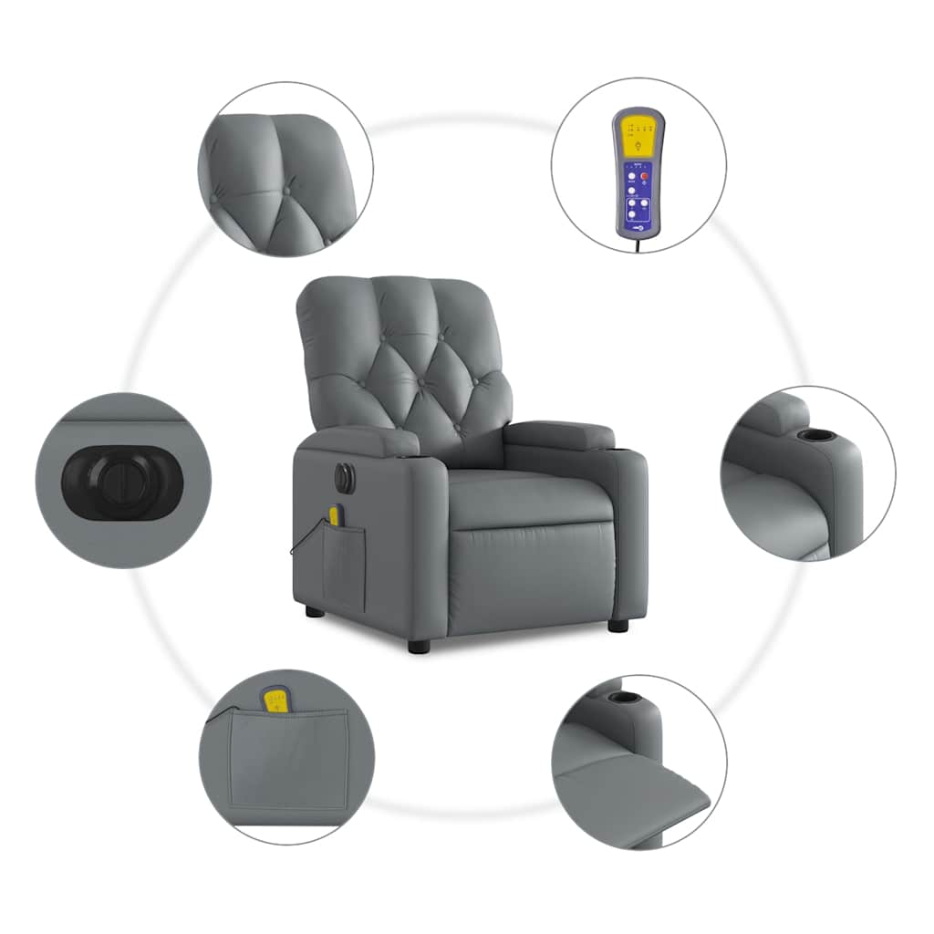vidaXL Rozkładany fotel masujący, elektryczny, szary, sztuczna skóra