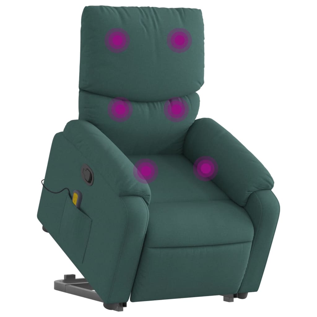 vidaXL Podnoszony fotel masujący, rozkładany, ciemnozielony, tkanina