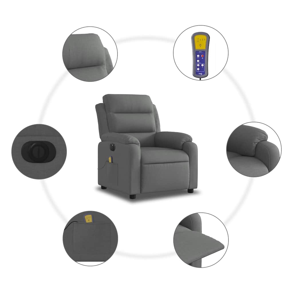 vidaXL Rozkładany fotel masujący, elektryczny, ciemnoszary, tkanina