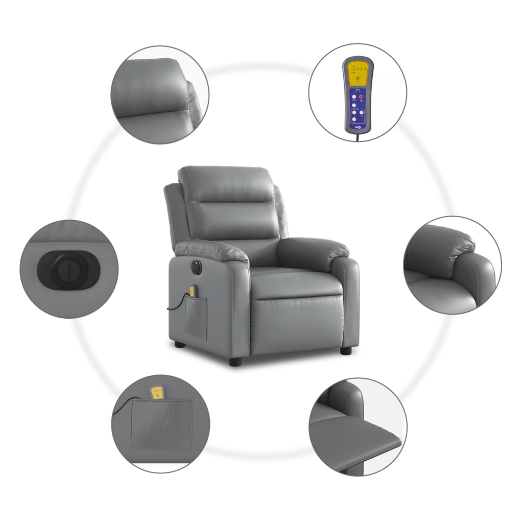 vidaXL Rozkładany fotel masujący, elektryczny, szary, sztuczna skóra