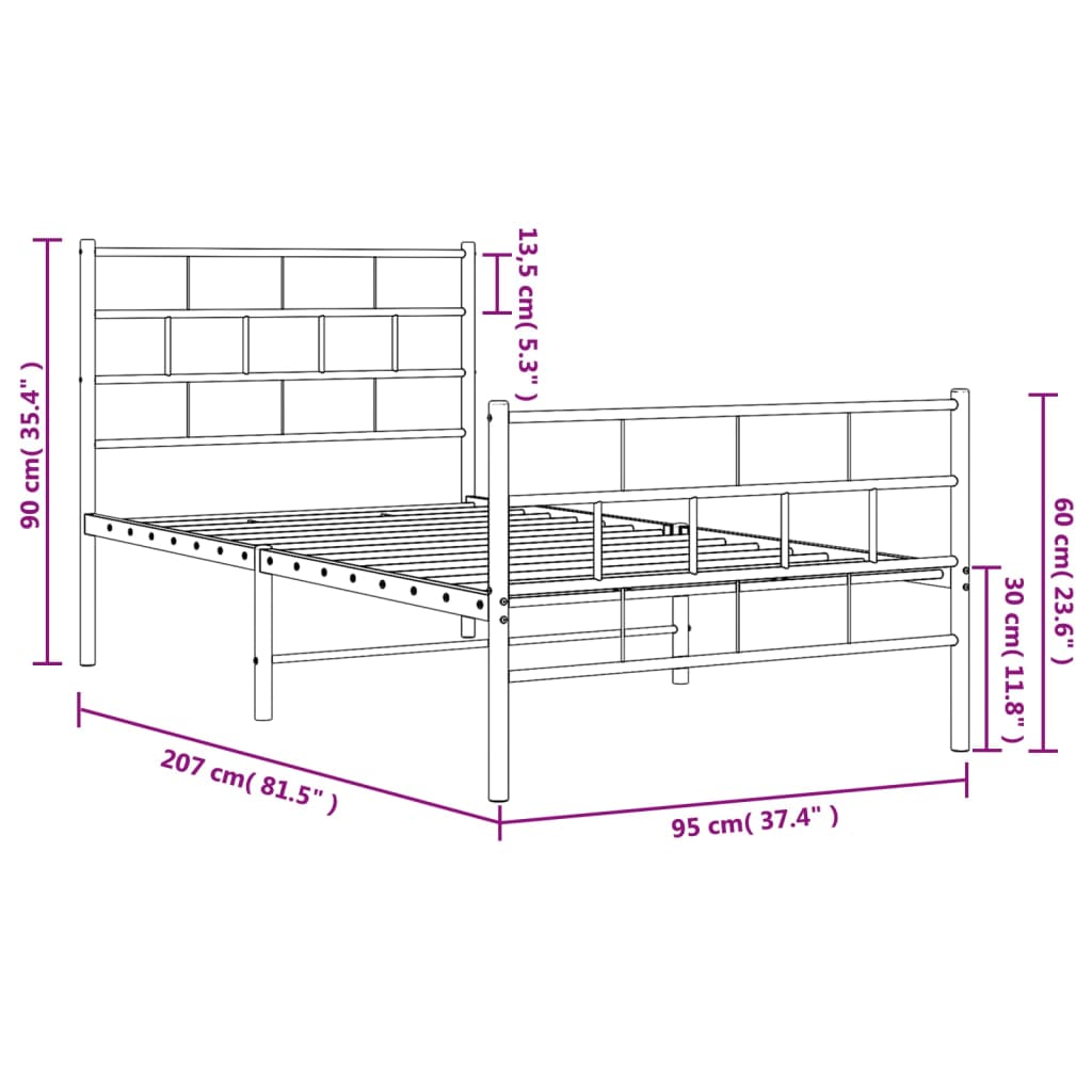 vidaXL Metalowa rama łóżka z wezgłowiem i zanóżkiem, czarna, 90x200 cm