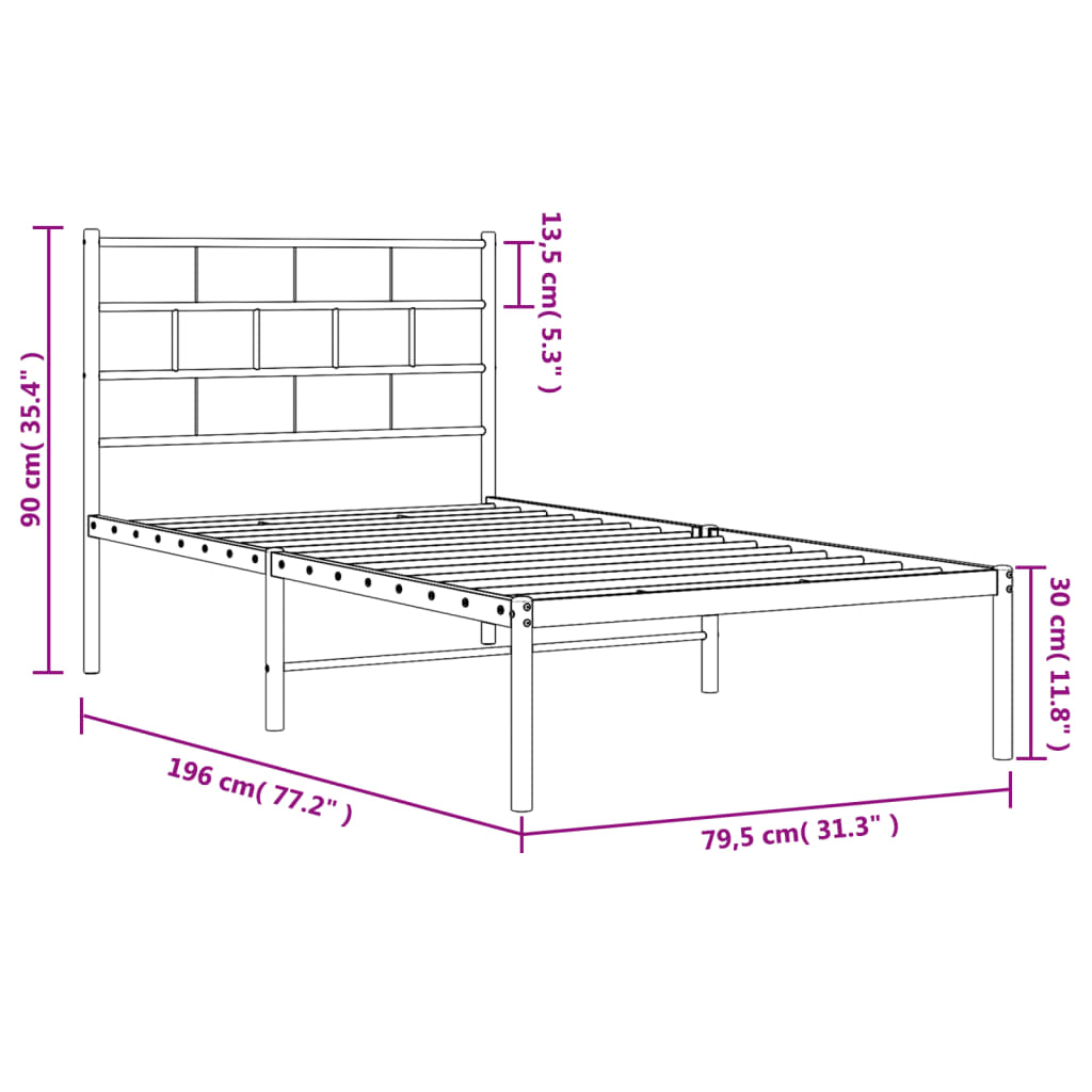 vidaXL Metalowe łóżko z wezgłowiem, bez materaca, białe, 75x190 cm