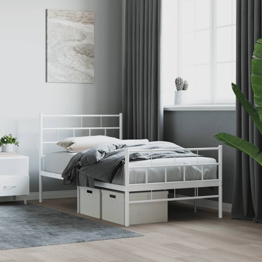 vidaXL Metalowa rama łóżka z wezgłowiem i zanóżkiem, biała, 90x200 cm