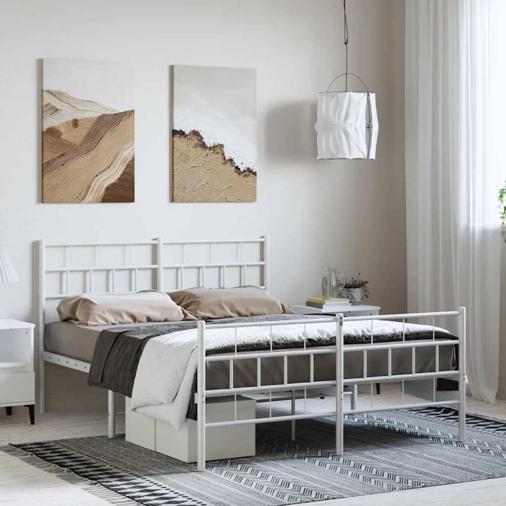 vidaXL Metalowa rama łóżka z wezgłowiem i zanóżkiem, biała, 135x190 cm