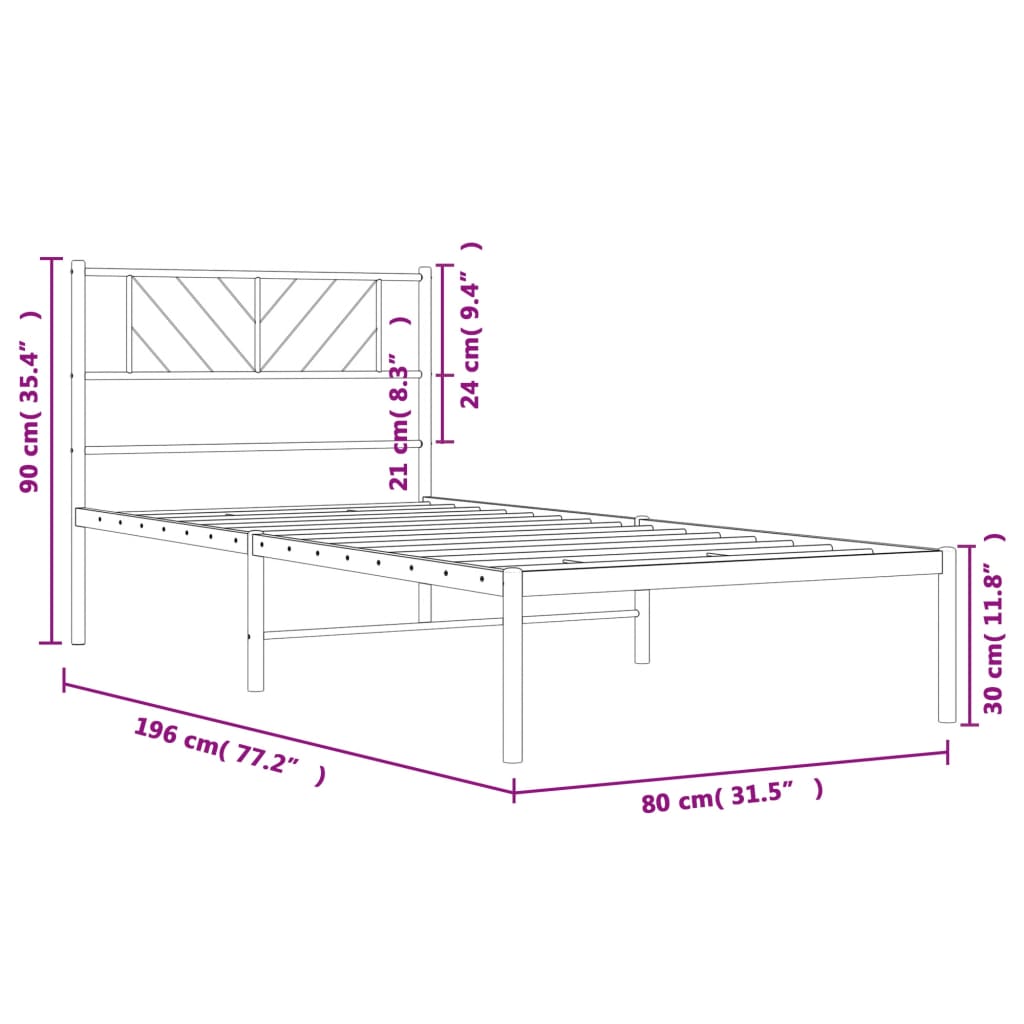 vidaXL Metalowa rama łóżka z wezgłowiem, czarna, 75x190 cm
