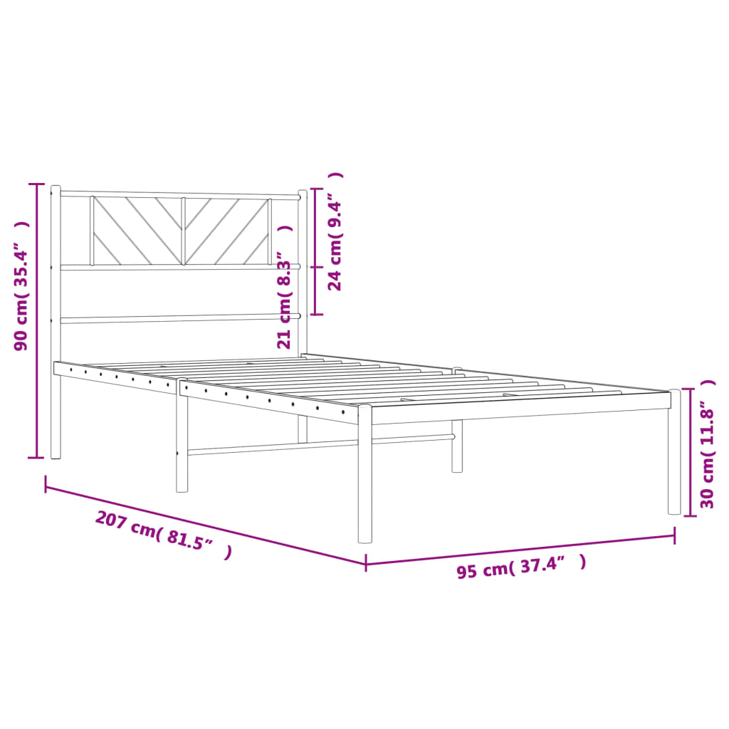 vidaXL Metalowa rama łóżka z wezgłowiem, czarna, 90x200 cm