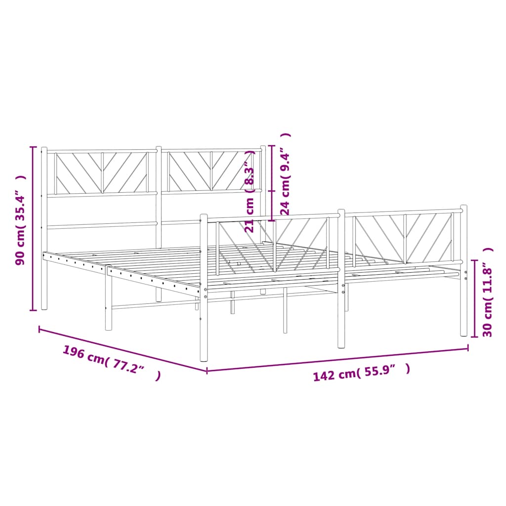 vidaXL Metalowa rama łóżka z wezgłowiem i zanóżkiem, czarna, 135x190cm