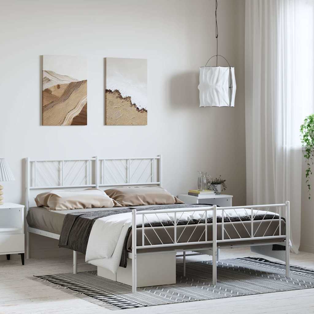 vidaXL Metalowa rama łóżka z wezgłowiem i zanóżkiem, biała, 135x190 cm