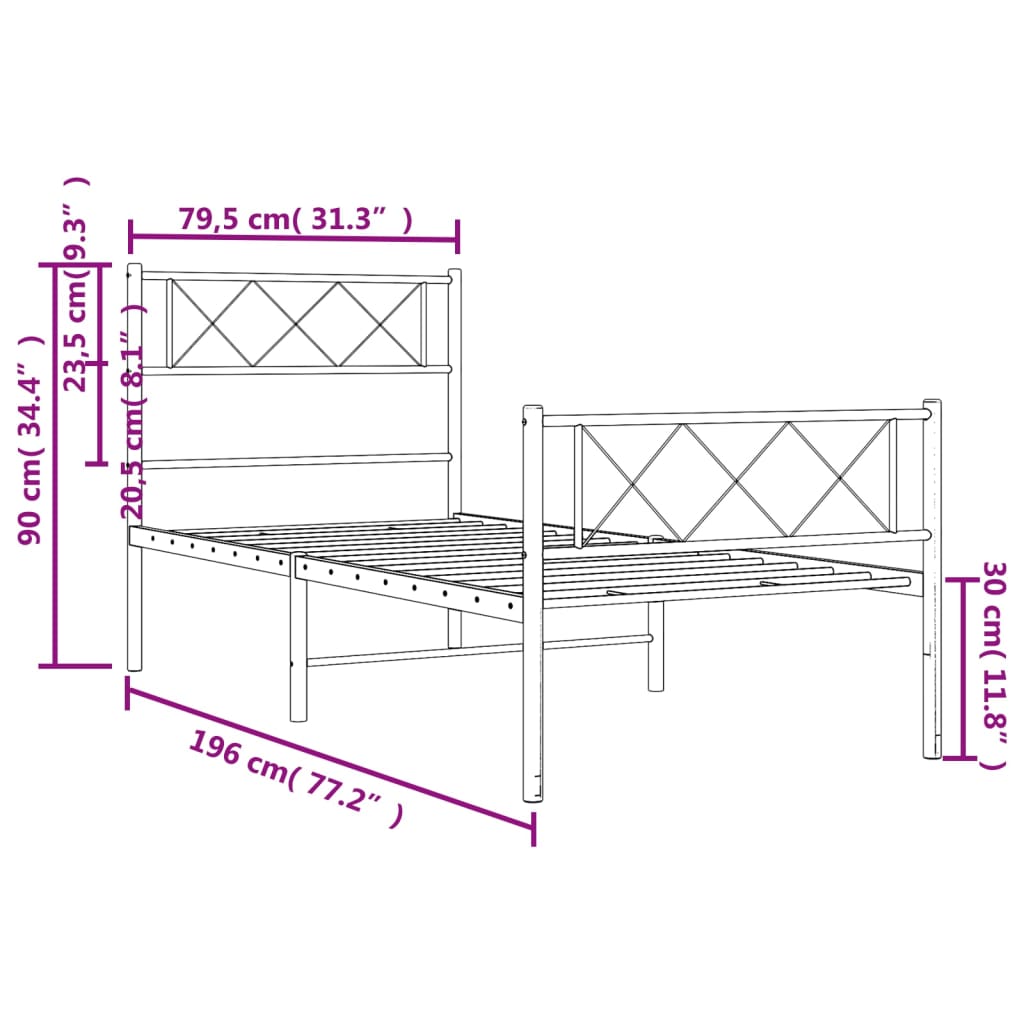 vidaXL Metalowa rama łóżka z wezgłowiem i zanóżkiem, czarna, 75x190 cm