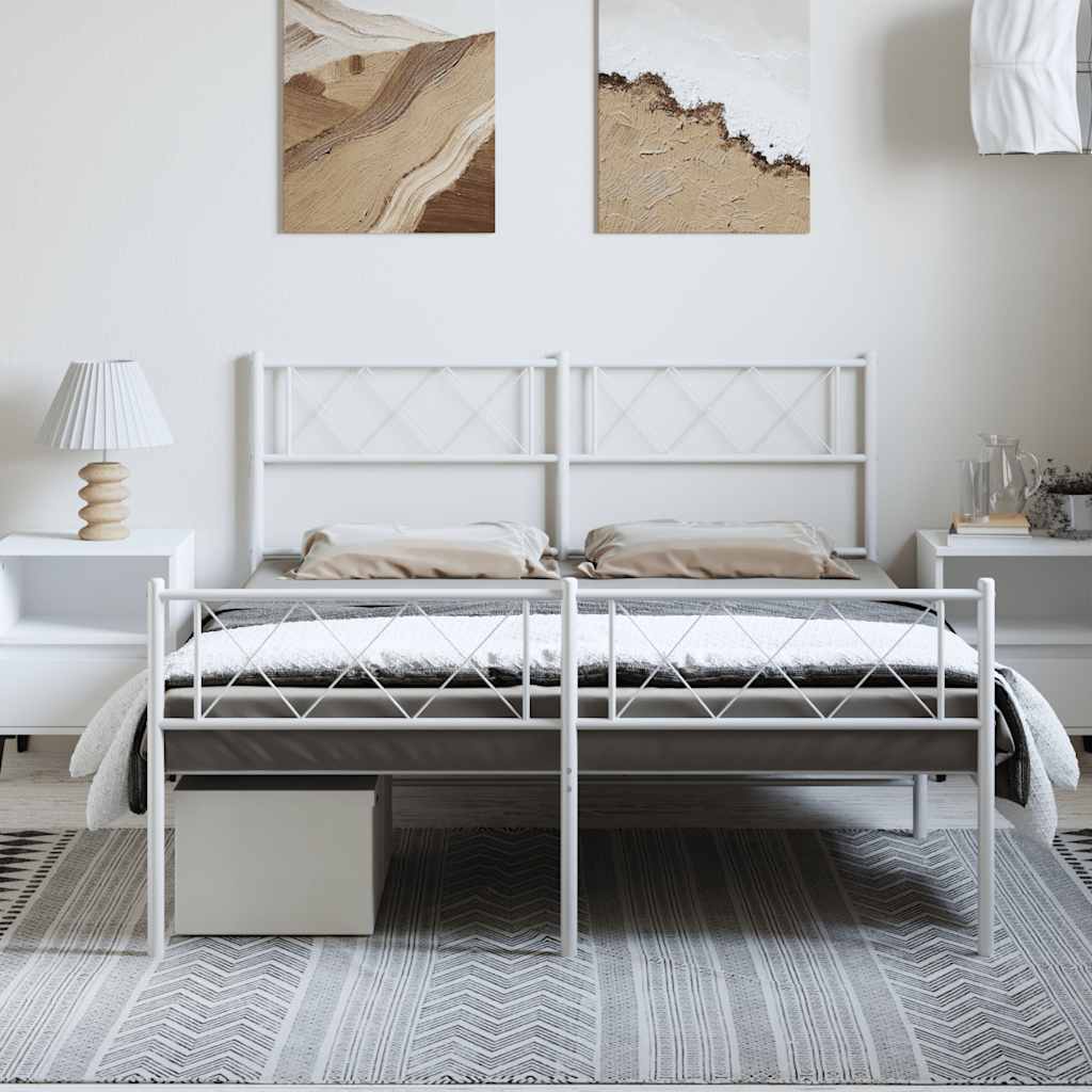 vidaXL Metalowa rama łóżka z wezgłowiem i zanóżkiem, biała, 150x200 cm