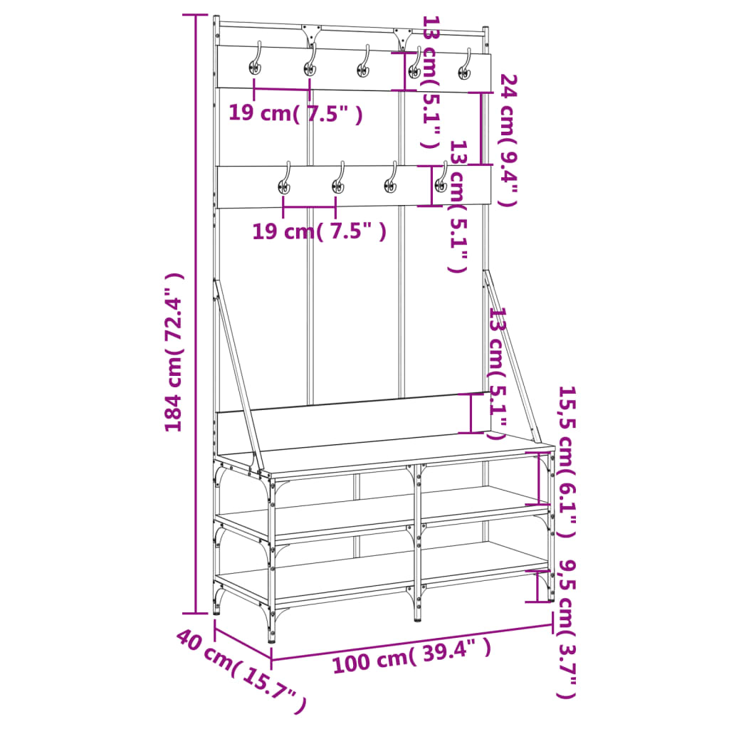 vidaXL Wieszak na ubrania z miejscem na buty brązowy dąb 100x40x184 cm